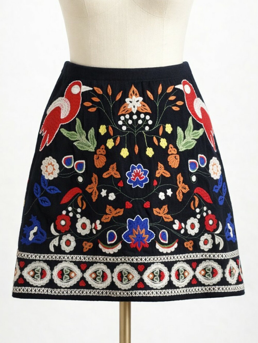 Vintage Y2K Black Embroidered Mini Skirt MEDIUM Boho Festival Colorful Birds
